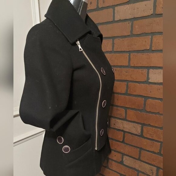 Rudsak Black Wool-Blend Fitted Peacoat Edgy Chic Biker Coat Sleek & Timeless - Picture 4 of 14